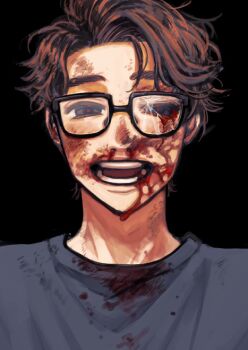 1boy :d blood blood_from_mouth blood_on_clothes bloody_tears broken_eyewear brown_hair bruise bruise_on_face glasses grey_shirt hair_intakes identity_v injury lucky_guy male_focus nosebleed open_mouth portrait raised_eyebrows red_pupils reverse_ryona satou_saori shirt smile solo