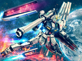 3d asteroid axis_(gundam) bazooka_(gundam) beam_cannon burning char&#039;s_counterattack commentary_request earth_(planet) earth_federation energy energy_field explosion fin_funnels fire glowing gundam hiropon_(tasogare_no_puu) holding holding_weapon machinery mecha mecha_focus mobile_suit no_humans nu_gundam photo_background planet realistic robot science_fiction shield solo space spoilers v-fin weapon zero_gravity