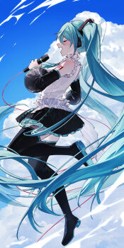 1girl absurdly_long_hair aqua_hair aqua_trim arm_tattoo black_skirt blush boots closed_eyes cloud cloudy_sky detached_sleeves frilled_shirt frills from_side hair_ornament hatsune_miku hatsune_miku_happy_16th_birthday_-dear_creators- highres holding holding_microphone long_hair long_sleeves microphone miniskirt music number_tattoo open_mouth pleated_skirt shirt singing skirt sky sleeveless sleeveless_shirt smile solo tattoo thigh_boots twintails very_long_hair vocaloid wide_sleeves zhou_huan_(dgpe2833)