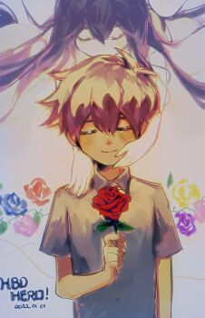 1boy 1girl 2022 antenna_hair arm_at_side black_hair blue_flower blue_rose brown_hair character_name chinese_commentary closed_eyes closed_mouth collared_shirt colored_skin commentary_request dark-skinned_male dark_skin dated double-parted_bangs facing_viewer flower front-to-back grey_background grey_shirt hair_between_eyes hand_on_another&#039;s_cheek hand_on_another&#039;s_face hand_on_another&#039;s_shoulder happy_birthday hero_(faraway)_(omori) hero_(omori) highres holding holding_flower leaf long_hair mari_(omori) mari_(spirit)_(omori) omori pink_flower pink_rose purple_flower purple_rose red_flower red_rose rose shirt short_sleeves simple_background smile spoilers straight-on u_u upper_body white_skin yellow_flower yellow_rose yoyoseafish