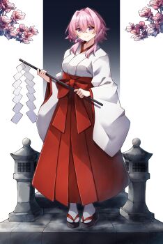 1girl absurdres alternate_costume breasts cherry_blossoms commentary earrings english_commentary full_body gohei hair_between_eyes hakama highres holding honkai:_star_rail honkai_(series) japanese_clothes jewelry kosode kwkunai light_smile march_7th_(honkai:_star_rail) medium_breasts miko multicolored_eyes pink_hair platform_sandals sandals shrine single_earring socks two-tone_eyes
