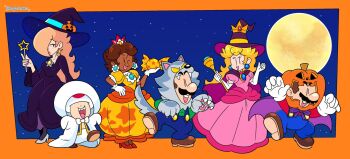 2boys 3girls blonde_hair blue_eyes brown_hair candy cape dress facial_hair food full_body ghost gloves grin hair_over_one_eye halloween halloween_costume hat high_heels highres long_hair looking_at_another luigi mario mario_(series) mario_kart mario_kart_tour mayo_(funnyhoohooman) moon multiple_boys multiple_girls mustache nintendo overalls pink_dress princess_daisy princess_peach pumpkin rosalina rosalina_(halloween) smile toad_(mario) witch_hat wizard wolf