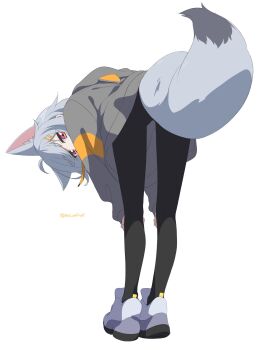 Rule 34 | 1girl, absurdres, ahoge, animal ear fluff, animal ears, bent over, black pantyhose, commentary, extra ears, fox ears, fox girl, fox tail, from behind, grey hair, grey hoodie, hair ornament, hairclip, hands on own knees, highres, hood, hoodie, long sleeves, looking at viewer, looking back, minowa sukyaru, miwa kitsune-chan, original, pantyhose, red eyes, shoes, short hair, simple background, sneakers, solo, tail, twitter username, untranslatable commentary, white background