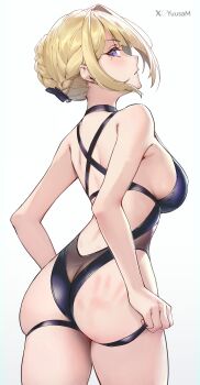 1girl absurdres alternate_costume artist_name ass black_one-piece_swimsuit blonde_hair breasts butt_crack commentary evelyn_chevalier from_behind hair_up highres large_breasts looking_at_viewer looking_back mole mole_under_eye one-piece_swimsuit parted_lips purple_eyes simple_background slap_mark solo swimsuit thigh_strap white_background yuusa_matsushima zenless_zone_zero