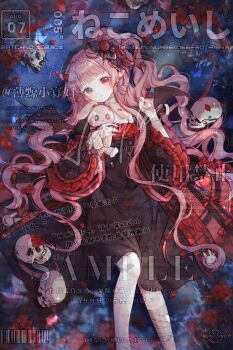 1girl :o animated animated_gif bandaged_hand bandaged_leg bandaged_neck bandages barcode black_dress black_wings blinking blunt_bangs boqing_xiao_guafu brown_hair chinese_commentary commentary_request commission dated demon_horns demon_wings dress expressionless eyelashes feet_out_of_frame flower frilled_dress frilled_sleeves frills green_eyes grey_ribbon heterochromia highres holding holding_stuffed_toy horn_ornament horn_ribbon horns knees light_blush light_particles long_hair long_sleeves looking_at_viewer looping_animation lying medium_dress on_back one_side_up original parted_lips petals red_bag red_eyes red_flower red_horns red_rose ribbon rose rose_petals sample_watermark sidelocks skull solo sparkle square_neckline stuffed_animal stuffed_rabbit stuffed_toy too_many_watermarks very_long_hair watermark wavy_hair wide_sleeves wings