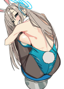 1girl animal_ear_hairband animal_ears asuna_(blue_archive) asuna_(bunny)_(blue_archive) back black_pantyhose blue_archive blue_eyes blue_leotard blush breasts fake_animal_ears grey_hair hairband halo hashtag-only_commentary highres large_breasts leotard long_hair looking_back pantyhose playboy_bunny rabbit_ear_hairband rabbit_ears riel_(rielilu) simple_background smile solo white_background
