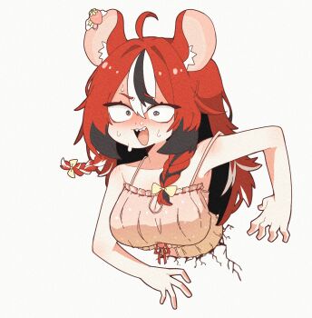 1girl absurdres ahoge animal_ear_fluff animal_ears babydoll black_streaks blue_eyes blush braid breasts cleavage commentary constricted_pupils crack cracked_wall double-parted_bangs earrings food food-themed_earrings food_themed_earrings fruit full-face_blush hair_between_eyes hakos_baelz hakos_baelz_(strawberry_onesie) highres hololive hololive_english jewelry medium_breasts mouse_ears multicolored_hair nervous nervous_sweating official_alternate_costume open_mouth pink_babydoll pushing red_hair sharp_teeth strawberry strawberry_earrings streaked_hair sweat teeth through_wall tsurukieeeeeak virtual_youtuber wavy_mouth white_streaks