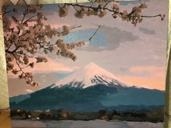 Rule 34 | branch, cherry blossoms, cloud, cloudy sky, commentary request, day, landscape, mount fuji, mountain, no humans, original, outdoors, painting (medium), partial commentary, photo (medium), scenery, sky, traditional media, user geye5378