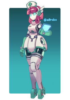 1girl a0robo full_body glowing green_background green_eyes hat high_heels highres joints looking_at_viewer metal_skin no_mouth nurse nurse_cap original pink_hair robot robot_girl robot_joints simple_background solo standing