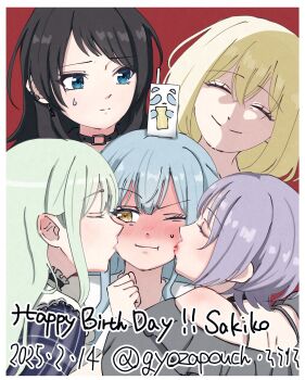 5girls adversarial_noise ave_mujica_(bang_dream!) bang_dream! bang_dream!_it's_mygo!!!!! black_choker black_hair blonde_hair blue_eyes blue_hair blush border choker closed_eyes closed_mouth commentary_request dated drink_carton frilled_choker frills girl_sandwich green_hair grey_shirt gyozapouch hair_between_eyes happy_birthday highres kiss kissing_cheek long_hair medium_hair milk_carton misumi_uika multiple_girls off-shoulder_shirt off_shoulder one_eye_closed purple_hair red_background sandwiched shirt smile sweatdrop togawa_sakiko twitter_username wakaba_mutsumi white_border white_shirt yahata_umiri yellow_eyes yuri yuutenji_nyamu