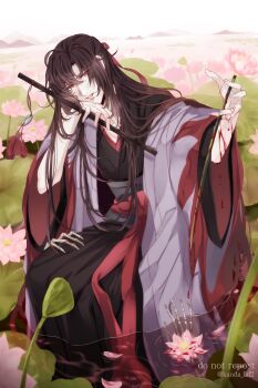 Rule 34 | 1boy, ahoge, bishounen, black hair, black hanfu, bleeding, blood, blood on arm, blood on flower, blood on hands, chenqing flute, chinese clothes, coat, commentary request, disembodied hand, dizi, flower, flute, flute tassel, grey coat, hair between eyes, hair down, hair ribbon, half updo, hand on another's thigh, hanfu, head tilt, highres, holding, holding flower, holding flute, holding instrument, injury, instrument, kanda faf2, lake, long hair, long sleeves, looking at viewer, lotus, lotus leaf, lotus pod, male focus, modao zushi, official alternate costume, official alternate hairstyle, open clothes, open coat, open mouth, outdoors, parted lips, partially submerged, petals, petals on liquid, pink flower, red eyes, red ribbon, red sash, ribbon, robe, sash, sidelocks, sitting, skeletal hand, smile, solo focus, tassel, transverse flute, twitter username, very long hair, water, watermark, wei wuxian, wei wuxian (yiling laozu), wide sleeves