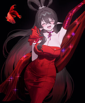 1girl absurdres black_background black_hair breasts closed_eyes dress elbow_gloves fish gloves goldfish highres large_breasts long_hair navel original pointy_ears red_dress red_gloves smile solo wonbin_lee
