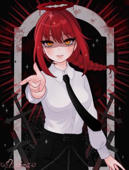 Rule 34 | 1girl, aegyo sal, black necktie, black pants, blood, blood halo, blush, braid, braided ponytail, breasts, chain, chainsaw man, collared shirt, commentary request, cross, eyelashes, formal clothes, halo, high-waist pants, highres, kikkorii, liquid halo, long hair, long sleeves, looking at viewer, makima (chainsaw man), medium breasts, necktie, office lady, pants, red hair, ringed eyes, shirt, shirt tucked in, sidelocks, single braid, smile, solo, white shirt, yellow eyes