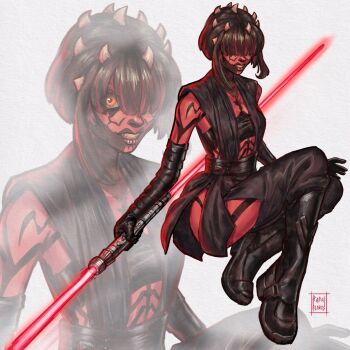 1girl alien boots breasts brown_hair colored_skin commentary cosplay darth_maul darth_maul_(cosplay) double_bladed_lightsaber energy_sword english_commentary gloves grin highres holding holding_sword holding_weapon lightsaber looking_at_viewer medium_breasts rafafloresart red_lightsaber red_skin sith smile solo star_wars sword teeth weapon zabrak