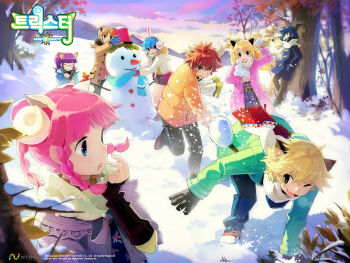 10s 4boys 4girls animal_ears blonde_hair blue_hair blunt_bangs boots braid buffalo_(trickster) bunny_(trickster) cat_(trickster) cat_ears coat denim dragon_(trickster) fang fingerless_gloves fox_(trickster) glasses gloves green_eyes horns jeans korean_text lion_(trickster) long_hair multiple_boys multiple_girls open_mouth pants pink_hair purple_eyes purple_hair rabbit_ears raccoon_(trickster) red_hair scarf sheep_(trickster) short_hair skirt snow snowman trickster_(ntreev_soft)