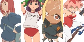 4girls aonori_misuji blonde_hair breasts brown_eyes buruma closed_mouth commentary_request dark-skinned_female dark_skin earrings flcl green_eyes green_hat gun gym_uniform hairband haruhara_haruko hat highres jewelry kitsurubami lips long_hair long_sleeves looking_at_viewer military_uniform multiple_girls necktie ninamori_eri plaid_clothes plaid_skirt purple_hair red_hair sailor_collar samejima_mamimi school_uniform short_hair simple_background skirt weapon white_background