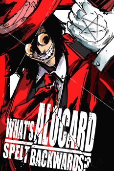 1boy absurdres alucard_(hellsing) ascot black_hair bonesaw_(rdkshinku) character_name coat commentary crazy_grin english_commentary english_text glint gloves grin gun hand_up hat hellsing highres holding holding_gun holding_weapon long_hair looking_at_viewer male_focus pentagram red_ascot red_coat red_eyes red_hat round_eyewear smile solo sunglasses upper_body vampire weapon white_gloves wide-eyed