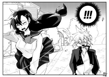 Rule 34 | !, !!, 1boy, 1girl, ^^^, black hair, black jacket, blush, breasts, building, closed eyes, clothes lift, cloud strife, cloud strife (midgard seventh high school), commentary request, cowboy shot, final fantasy, final fantasy vii, final fantasy vii: ever crisis, floating hair, full-face blush, gakuran, greyscale, hair ornament, hair scrunchie, hairclip, hands in pockets, highres, jacket, large breasts, long hair, long sleeves, looking at another, low-tied long hair, monochrome, motion lines, neckerchief, official alternate costume, open clothes, open jacket, open mouth, outdoors, pleated skirt, sailor collar, school uniform, scrunchie, serafuku, shikiwo, shirt, signature, skirt, skirt lift, spiked hair, surprised, tifa lockhart, tifa lockhart (midgard seventh high school), tree, upper body, white serafuku, white shirt, wind, wind lift