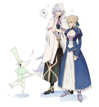 1girl 2boys ? ahoge artoria_pendragon_(fate) bar_censor blonde_hair blue_dress braid breasts bun_with_braided_base cane capelet censored censored_identity cleavage cleavage_cutout clothing_cutout commentary_request crossover dress excalibur_(soul_eater) fate/grand_order fate_(series) grey_hair hair_bun highres holding holding_cane juliet_sleeves long_sleeves merlin_(fate) moomin moomintroll multiple_boys nigiri puffy_sleeves saber_(fate) single_hair_bun small_breasts soul_eater speech_bubble thinking thought_bubble white_capelet wide_sleeves