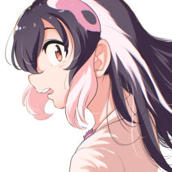 Rule 34 | 1girl, african penguin (kemono friends), back, black hair, highres, jacket, kemono friends, kemono friends v project, long hair, looking at viewer, looking back, mcgunngu, multicolored hair, open mouth, penguin girl, pink hair, red eyes, shirt, simple background, solo, virtual youtuber, white background, white hair