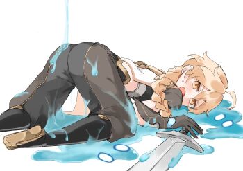 1boy absurdres aether_(genshin_impact) ahoge arm_armor ass baggy_pants black_boots black_gloves black_pants black_shirt blonde_hair blush boots braid commentary_request genshin_impact gloves hair_between_eyes hair_ornament highres holding holding_sword holding_weapon long_hair looking_at_viewer low-braided_long_hair low-tied_long_hair male_focus midriff nihon_no_hentai open_mouth pants scarf shirt short_sleeves simple_background single_braid slime_(genshin_impact) slime_(substance) solo sweatdrop sword weapon white_background white_scarf