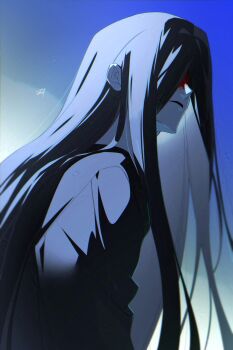 Rule 34 | 1boy, absurdres, bbabbamis2, black hair, black kimono, blood, blood on face, blue background, highres, homicipher, japanese clothes, kimono, long hair, male focus, mr. crawling, solo, upper body, very long hair