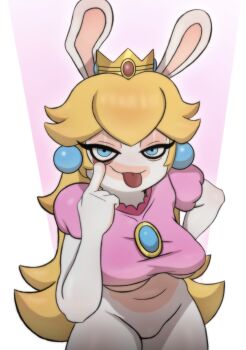1girl animal_ears blonde_hair blue_eyes bottomless cosplay crop_top crown earrings highres jewelry long_hair mario_(series) mario_+_rabbids_kingdom_battle nintendo princess_peach princess_peach_(cosplay) rabbid rabbid_peach rabbit_ears rafaknight raving_rabbids taunting tongue tongue_out