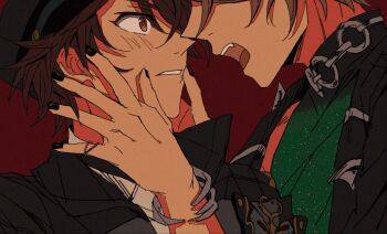 2boys black_nails blush brown_eyes brown_hair butterfly_(ensemble_stars!) clenched_teeth close-up commentary_request ensemble_stars! evil_telephone_(ensemble_stars!) fang fingernails hands_on_another's_face hands_up hat llmtmllmt looking_at_another male_focus morisawa_chiaki multiple_boys nail_polish open_mouth short_hair simple_background takamine_midori teeth upper_teeth_only yaoi