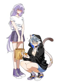 2girls alternate_costume animal_ear_fluff animal_ears bag blue_eyes breasts burger castorice_(honkai:_star_rail) cat_ears cat_girl cat_tail cipher_(honkai:_star_rail) cleavage eating food full_body glasses grey_hair hashtag-only_commentary highres holding holding_bag holding_burger holding_food honkai:_star_rail honkai_(series) hood hoodie kabokwa long_hair medium_breasts mole multiple_girls pointy_ears purple_eyes purple_hair shirt shoes shorts skirt squatting tail teardrop-framed_glasses white_background white_streaks