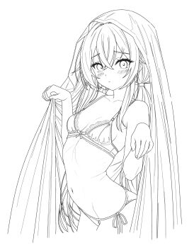 Rule 34 | 1girl, absurdres, arazand, bare shoulders, blush, bow, bow bra, bra, breasts, closed mouth, clothes grab, collarbone, cowboy shot, dot mouth, dot nose, double-parted bangs, ghost pose, hair between eyes, highres, lineart, long hair, looking at viewer, navel, original, panties, side-tie panties, sidelocks, simple background, small breasts, standing, underwear, veil, white background