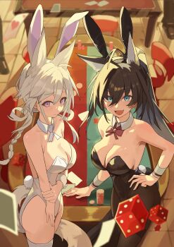 2girls absurdres adoptive_siblings ahoge alternate_costume animal_ears arknights arm_under_breasts bare_shoulders black_hair black_leotard black_pantyhose blaze_(arknights) blush breasts card casino cat_ears cat_girl cat_tail cleavage closed_mouth collarbone commentary detached_collar dice embarrassed english_commentary extra_ears fake_animal_ears fake_tail fang farewell_(dpjp5277) green_eyes hair_intakes hair_rings hand_on_own_arm hand_on_own_hip highres large_breasts leotard long_hair looking_at_viewer multiple_girls necktie open_mouth pantyhose playboy_bunny playing_card purple_eyes rabbit_ears rabbit_tail red_necktie siblings sisters smile table tail thighband_pantyhose white_hair white_leotard white_necktie wrist_cuffs xingzhu_(arknights)