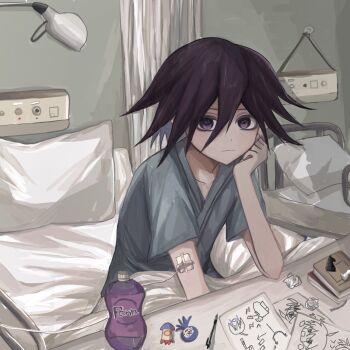 1boy bed bored brand_name_imitation closed_mouth commentary danganronpa_(series) danganronpa_v3:_killing_harmony doraemon expressionless flipped_hair hair_between_eyes highres hospital hospital_bed hospital_gown indoors intravenous_drip looking_at_viewer male_focus medium_hair muted_color oma_kokichi on_bed pillow purple_eyes purple_hair short_hair sitting solo w7324960824577
