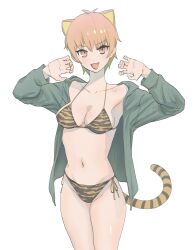 Rule 34 | 1girl, absurdres, animal ears, animal print, breasts, collarbone, commentary request, dot nose, fang, fate/grand order, fate (series), green shirt, highres, jaguarman (fate), long sleeves, looking at viewer, medium breasts, medium hair, navel, open mouth, orange eyes, orange hair, shirt, simple background, smile, solo, standing, swimsuit, tail, tiger ears, tiger girl, tiger print, tiger stripes, tiger tail, tonko from, white background