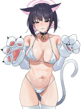 1girl absurdres alternate_costume animal_ears animal_hands bell bikini black_hair blue_archive blush cat_ears cat_girl cat_tail colored_inner_animal_ears colored_inner_hair cowboy_shot elbow_gloves extra_ears gloves halo hashtag-only_commentary highres kazusa_(blue_archive) looking_at_viewer multicolored_hair navel neck_bell paw_gloves pink_hair pink_halo red_eyes riel_(rielilu) solo swimsuit tail two-tone_hair white_background white_bikini