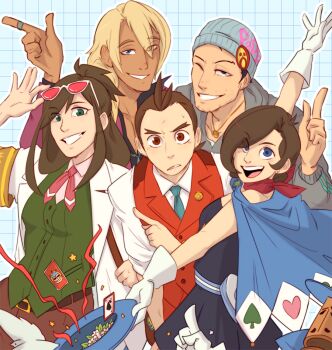 2girls 3boys ace_attorney antenna_hair apollo_justice apollo_justice:_ace_attorney beanie blonde_hair blue_necktie brown_hair collared_shirt dark-skinned_male dark_skin drawfee ema_skye forked_eyebrows gyaruo hat jewelry karina_farek klavier_gavin lapel_pin lapels multiple_boys multiple_girls necktie phoenix_wright red_vest redrawn shiny_forehead shirt short_hair sleeves_rolled_up smile trucy_wright vest