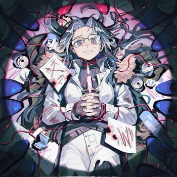 1girl arknights belt black_belt black_gloves black_hair blue_eyes blue_shoes burnt_paper can candle chinese_commentary coat commentary_request corrupted_twitter_file cowboy_shot crying crying_with_eyes_open dopperu_ben fingerless_gloves from_above glasses gloves grey_hair highres holding holding_candle long_hair lying multicolored_hair nervous_smile on_back own_hands_clasped own_hands_together paper red_pupils red_shoes shoes smile snegurochka_(arknights) solo streaked_hair string_around_neck tears white_coat