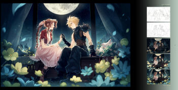 1boy 1girl absurdres aerith_gainsborough art_program_in_frame blonde_hair blue_eyes blue_flower blue_pants braid brown_hair building chinese_commentary chocobo cloud_strife commentary_request couple curtains dress final_fantasy final_fantasy_vii final_fantasy_vii_remake flower from_side full_moon green_eyes hair_ribbon hetero highres holding_hands kieta long_hair md5_mismatch moogle moon moonlight night night_sky open_window pants petals pink_ribbon ribbon sidelocks sketch sky sleeveless smile spiked_hair star_(sky) starry_sky turtleneck white_dress window yellow_flower