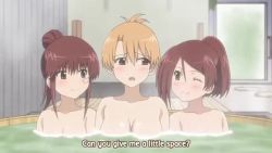 3girls animated anime_screenshot bath covering_breasts covering_crotch covering_privates hot_tub indoors interior kiryuu_yuuzuki kissxsis mature_female molestation multiple_girls nude partially_submerged reluctant siblings sisters sound suminoe_ako suminoe_riko towel twins video water wet yuri