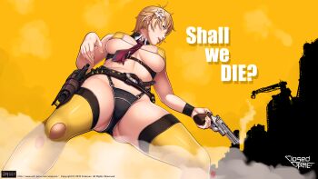 aiming_down bikini blonde_hair blue_eyes breasts celicia_lockhart closed_game gun handgun highres holding holding_weapon non-web_source sei_shoujo sheriff_badge swimsuit weapon yellow_bikini
