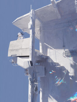 1girl absurdres vent_(object) airfish_(lefko_d) architecture arm_on_wall blue_eyes blue_hair blue_sky closed_mouth commentary day dot_mouth english_commentary expressionless film_grain guard_rail hand_on_own_head highres industrial_pipe long_hair original outdoors scenery science_fiction shirt sign sky solo stairs upper_body white_shirt wide_shot wire