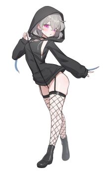 1girl absurdres black_hoodie blush fishnet_thighhighs fishnets full_body grey_hair hair_between_eyes highres hood hood_up hoodie looking_at_viewer original pinion pink_hair simple_background sleeves_past_wrists solo standing thighhighs white_background