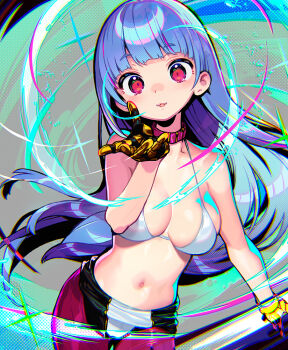 1girl bikini blue_hair blunt_bangs blush chaps cropped_jacket cryokinesis gloves kula_diamond long_hair looking_at_viewer onono_imoko open_mouth partially_undressed pink_eyes smile solo standing swimsuit the_king_of_fighters white_bikini zipper