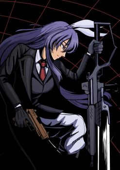 1girl absurdres animal_ears assault_rifle black_background black_coat black_gloves black_jacket blazer breasts closed_mouth coat crescent crescent_pin from_side gloves gun highres holding holding_gun holding_weapon jacket large_breasts long_hair long_sleeves necktie pants purple_hair rabbit_ears rabbit_girl red_eyes red_necktie reisen_udongein_inaba rifle serious shirt simple_background solo solo_focus standing touhou two-tone_background weapon weedhollow_(dokuran) white_pants white_shirt