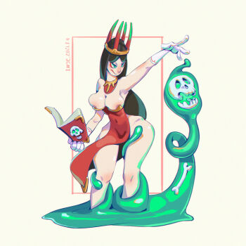 1girl areola_slip arm_up armpits artist_name bare_shoulders black_hair bone book breasts cleavage closed_mouth covered_navel crown dated detached_collar dress eyeliner female_focus fewer_digits gloves green_eyes half-closed_eyes hand_up highres holding holding_book iwse_zhang large_breasts long_hair looking_afar makeup multicolored_crown narrow_waist no_panties open_book original outstretched_arm parted_bangs pelvic_curtain red_dress red_eyeliner signature skindentation skull slime_(substance) solo standing strapless strapless_dress thighs very_long_hair white_gloves wide_hips