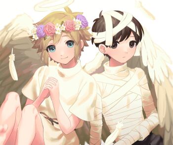 2boys aged_down angel_wings antenna_hair bandaged_arm bandaged_head bandaged_torso bandages bare_arms basil_(faraway)_(omori) basil_(omori) black_eyes black_hair blonde_hair blue_eyes closed_mouth commentary double-parted_bangs english_commentary feathered_wings feet_out_of_frame fingernails flipped_hair flower flower_wreath hair_behind_ear hair_between_eyes halo hands_up head_wreath highres interlocked_fingers knees_up leaf light_frown looking_at_viewer male_focus multiple_boys mummy_costume official_alternate_costume omori own_hands_clasped own_hands_together pink_flower pink_rose purple_flower purple_rose rose shirt short_hair short_sleeves sidelocks simple_background sitting smile sunny_(omori) swept_bangs tabeyu tareme upper_body very_short_hair white_background white_flower white_halo white_shirt white_wings wings