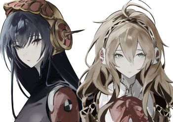 2girls ahoge aigis_(persona) alternate_hair_length alternate_hairstyle android aqua_eyes armband black_hair blonde_hair bow closed_mouth frown gold_hairband gold_helmet hair_between_eyes hairband helmet highres joints k1kiwa long_hair looking_at_viewer looking_to_the_side metis_(persona) multiple_girls parted_lips persona persona_3 persona_3_reload persona_3_the_answer portrait red_armband red_bow red_eyes robot_ears robot_joints s.e.e.s siblings simple_background sisters unworn_headwear unworn_helmet white_background wing_collar