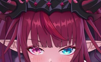 1girl blue_eyes blush close-up commentary_request heterochromia hololive hololive_english irys_(hololive) multicolored_hair pointy_ears purple_eyes purple_hair red_hair seraphim_throne solo two-tone_hair virtual_youtuber