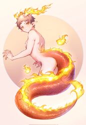 Rule 34 | 1boy, ahoge, amido (compassion273), ass, blush, brown background, closed mouth, cropped legs, danganronpa (series), danganronpa 2: goodbye despair, dragon boy, dragon horns, dragon tail, fire, from side, highres, hinata hajime, horns, looking at viewer, male focus, pointy ears, short hair, solo, sweat, tail, white background