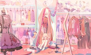 2others absurdly_detailed_composition absurdres akiyama_mizuki arms_behind_back barefoot blonde_hair boots clock closed_eyes closed_umbrella closet clothes_hanger curtains dechel different_reflection dress dual_persona highres indoors jacket knees_up loaded_interior long_hair long_sleeves mirror multiple_others pants pink_hair pink_theme project_sekai reflection scissors shelf shoes short_hair sitting slippers stuffed_animal stuffed_toy umbrella unworn_shoes