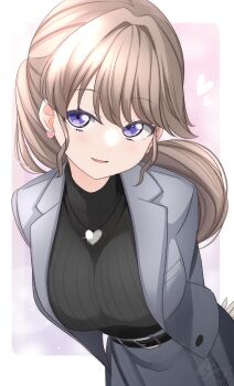 Rule 34 | 1girl, absurdres, arms behind back, belt, black belt, black sweater, border, breasts, brown hair, commentary request, earrings, fujishima megumi, fujishima megumi (post-graduation), glint, grey jacket, grey skirt, heart, heart earrings, heart necklace, highres, jacket, jewelry, large breasts, leaning forward, link! like! love live!, looking at viewer, love live!, necklace, official alternate costume, open clothes, open jacket, outside border, parted lips, pink background, pleated skirt, ponytail, purple eyes, ribbed sweater, sidelocks, simple background, skirt, smile, solo, suit jacket, sweater, tsubuan (in taiyaki), turtleneck, turtleneck sweater, virtual youtuber, white border